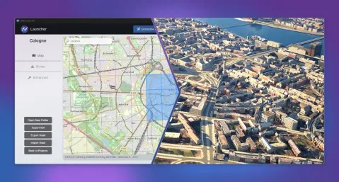 screenshot of aves application showing a drone picture of a city next to a map